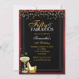 Invitación de cumpleaños dorada y roja 50 y fabulo