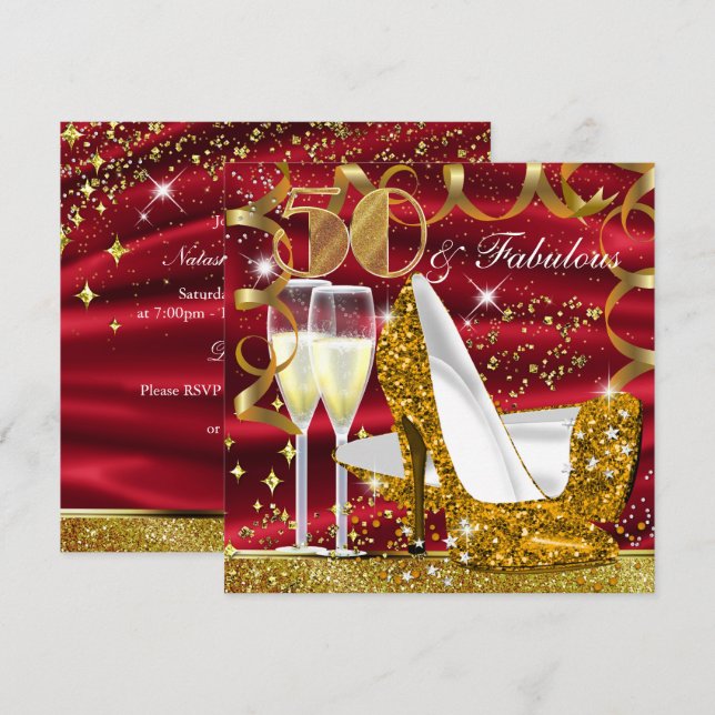 Invitación de cumpleaños dorada y roja de 50 años  (Anverso / Reverso)
