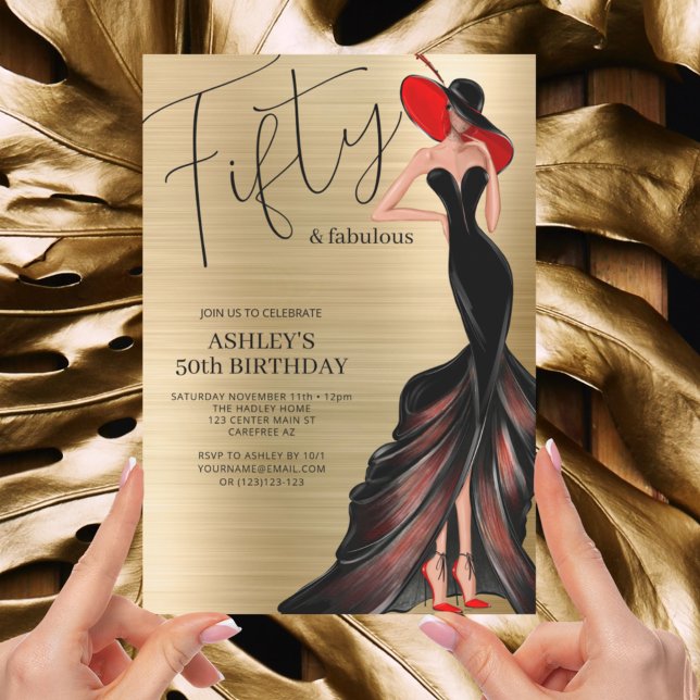 Invitación de cumpleaños dorada y vestido rojo 50  (Subido por el creador)
