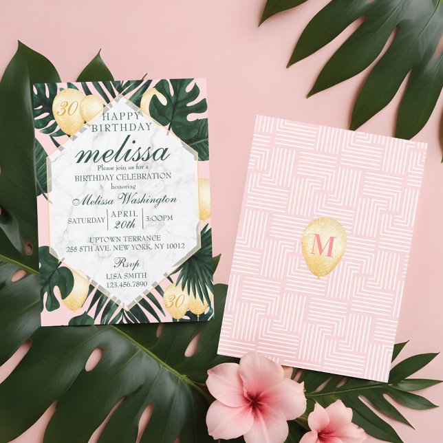 Invitación de cumpleaños dorado rosado de mármol d (Tropical leaf marble pink gold birthday invitation)