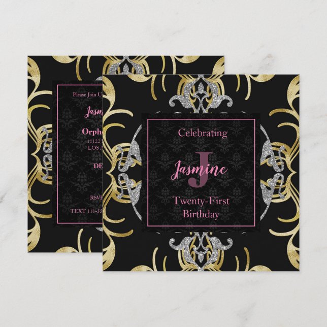Invitación de cumpleaños dorado y plateado (Anverso / Reverso)