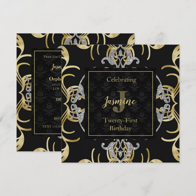 Invitación de cumpleaños dorado y plateado (Anverso / Reverso)