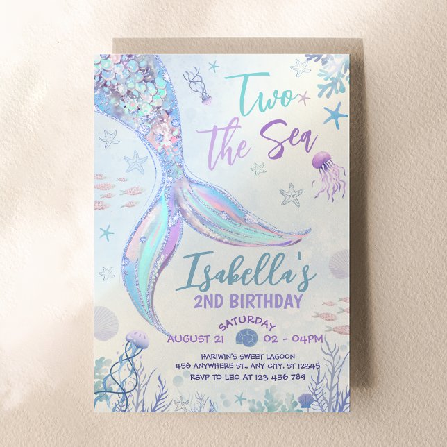 Invitación de cumpleaños Dos al Mar Pastel Sirena (Two the Sea Birthday Invitation Pastel Mermaid)