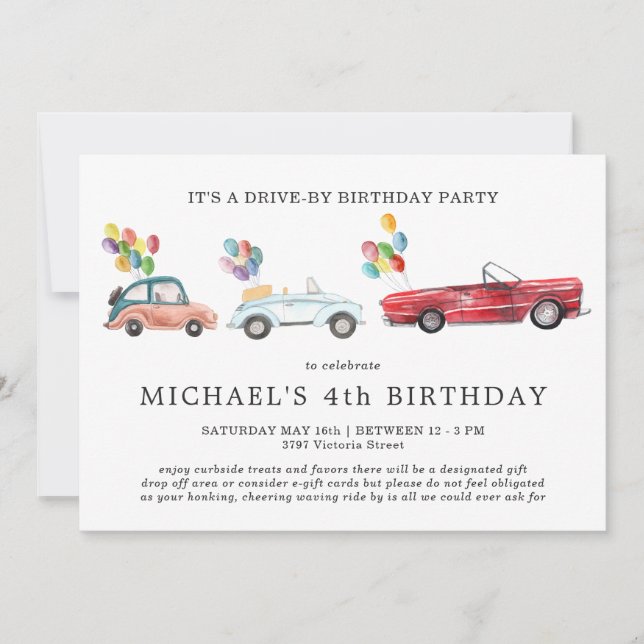 Invitación de cumpleaños Drive-By con distanciamie (Anverso)