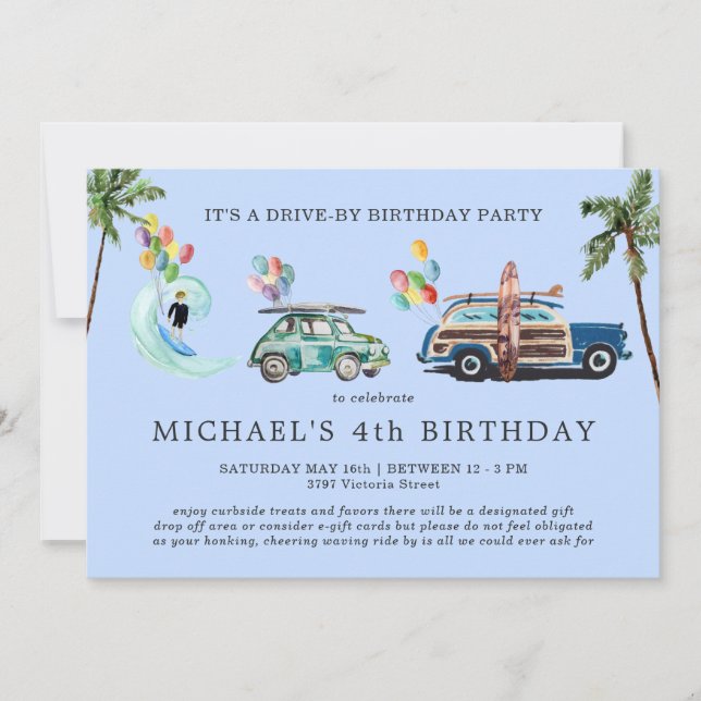 Invitación de cumpleaños Drive-By con distanciamie (Anverso)