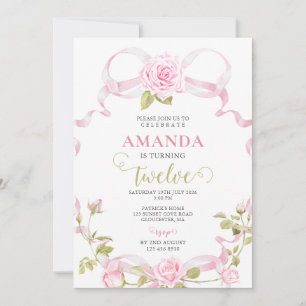 Invitación de cumpleaños dulce 12 con rosas y lazo