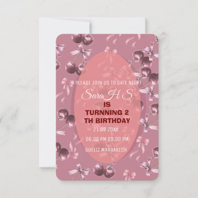 Invitación de cumpleaños dulce cereza, lazo de cer (Anverso)