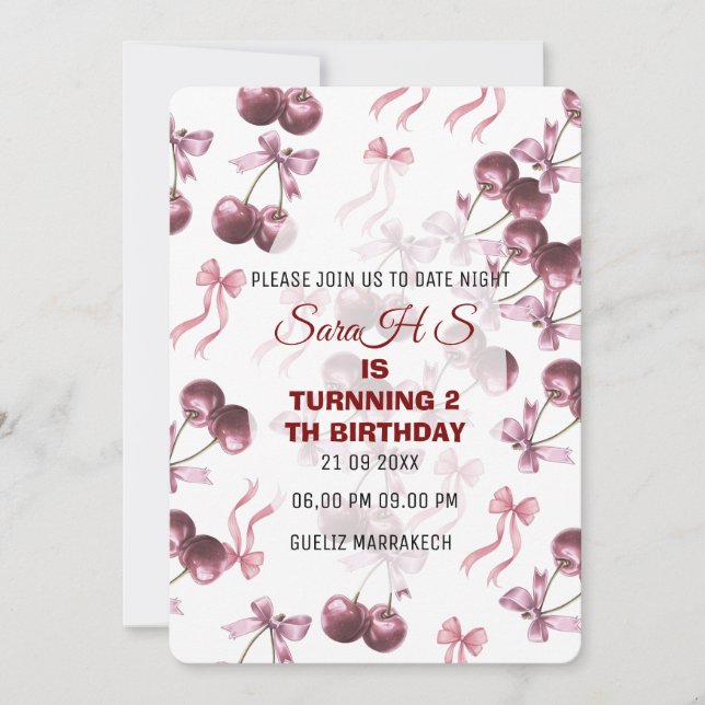 Invitación de cumpleaños dulce cereza, lazo de cer (Anverso)