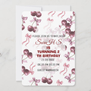 Invitación de cumpleaños dulce cereza, lazo de cer