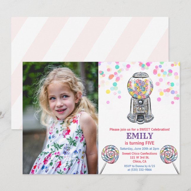 Invitación de cumpleaños dulce de caramelo para cu (Anverso / Reverso)