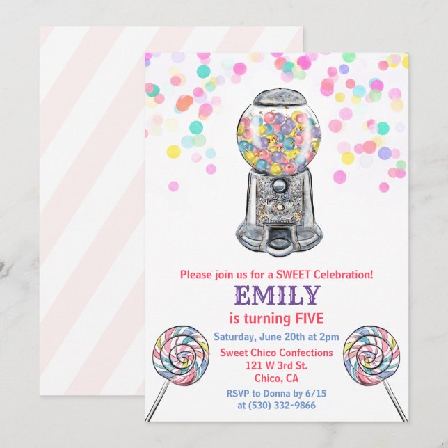 Invitación de cumpleaños dulce de caramelo para cu (Anverso / Reverso)