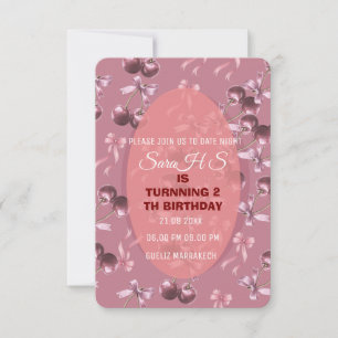 Invitación de cumpleaños dulce de cereza, lazo de