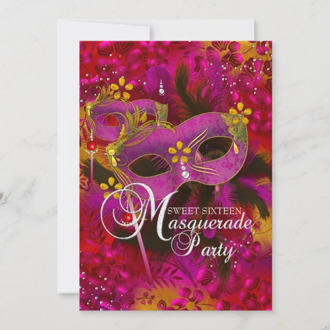 Invitación de Cumpleaños Dulces 16 con Máscara Flo (Anverso)
