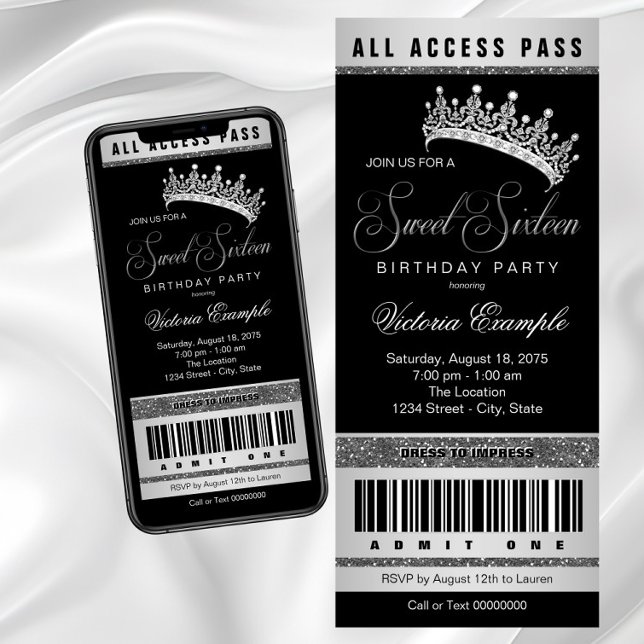 Invitación de Cumpleaños Dulces 16 de Plata Negra  (Black Silver Sweet 16 Any Number Invitation. Simply delete the Sweet Sixteen graphic and add text.)