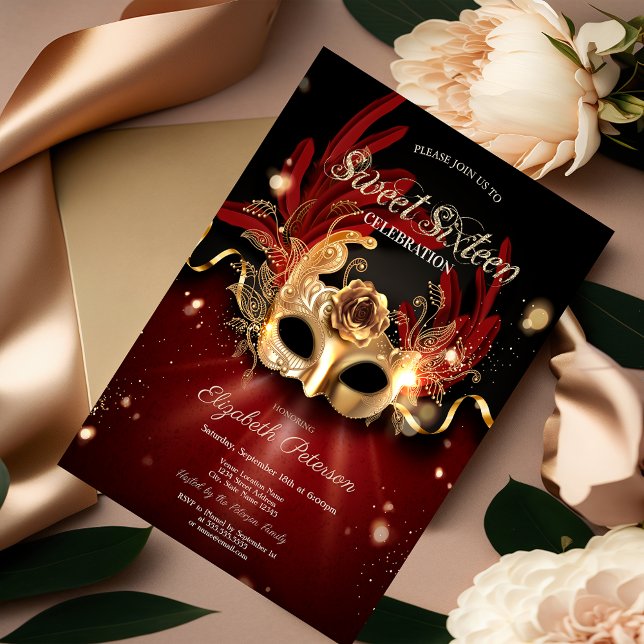 Invitación de Cumpleaños Dulces 16 Masquerade Roja (Subido por el creador)