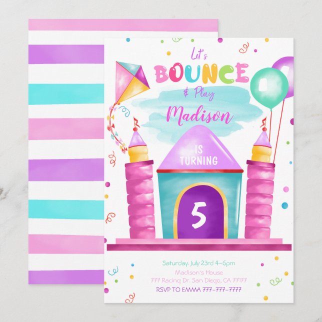 Invitación de cumpleaños Editable Bounce (Anverso / Reverso)