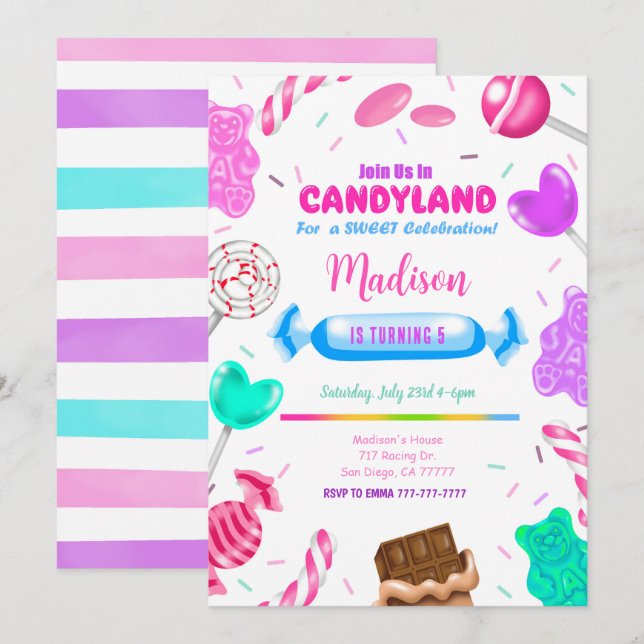 Invitación de cumpleaños editable Candy land (Anverso / Reverso)
