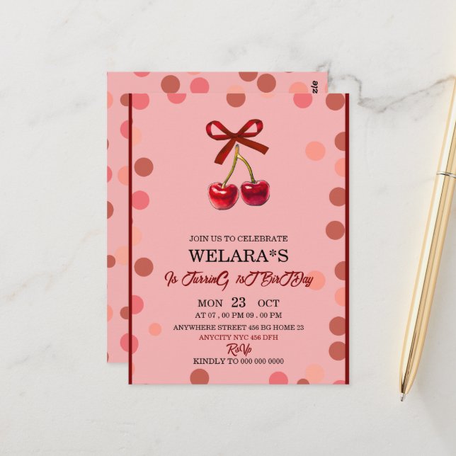 Invitación de cumpleaños editable Cherry 1st cumpl (Anverso/Reverso In Situ)