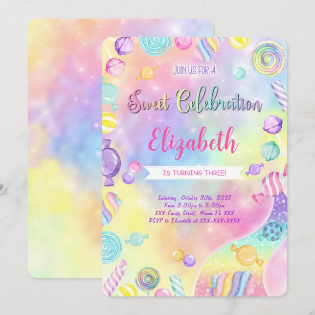 Invitación de cumpleaños editable con dulces  (Anverso / Reverso)