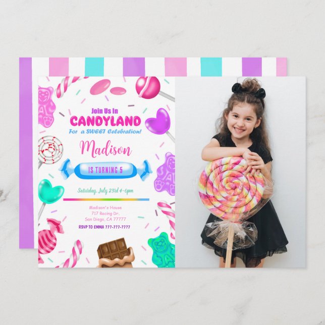 Invitación de cumpleaños editable con foto de Cand (Anverso / Reverso)