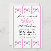 Invitación de cumpleaños editable con lazo rosa