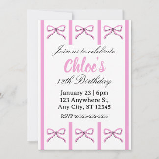 Invitación de cumpleaños editable con lazo rosa