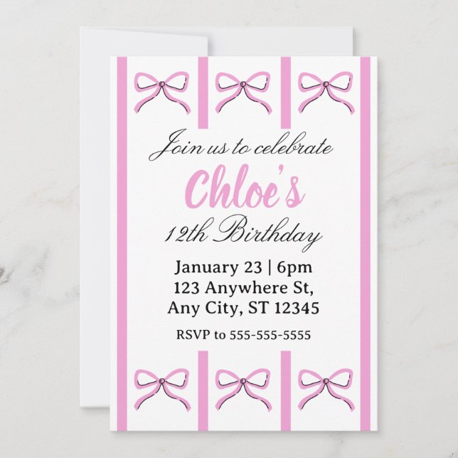 Invitación de cumpleaños editable con lazo rosa (Anverso)