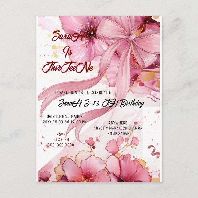 Invitación de cumpleaños editable con lazo rosa Co (Anverso)