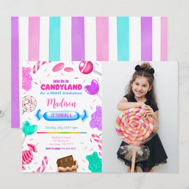 Invitación de cumpleaños editable de Candy land co (Anverso / Reverso)