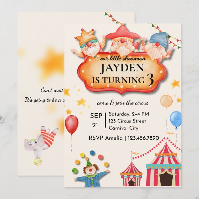 Invitación de cumpleaños editable de circo (Anverso / Reverso)