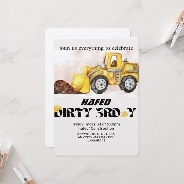 Invitación de cumpleaños editable de construcción  (Anverso/Reverso In Situ)