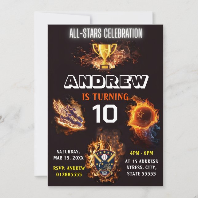 Invitación de cumpleaños editable de deportes All  (Anverso)