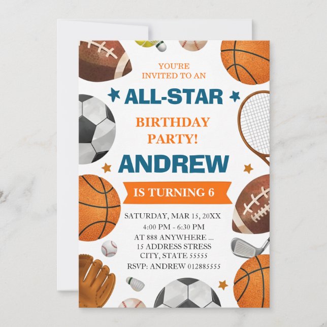 Invitación de cumpleaños editable de deportes All  (Anverso)