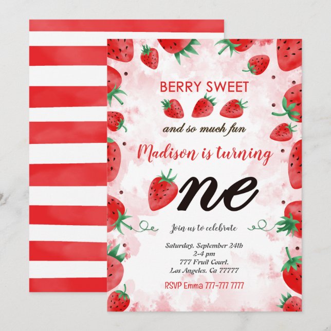 Invitación de cumpleaños editable de fresa (Anverso / Reverso)
