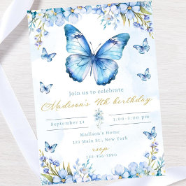 Invitación de cumpleaños editable de mariposa azul