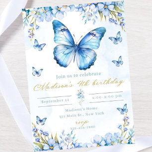Invitación de cumpleaños editable de mariposa azul
