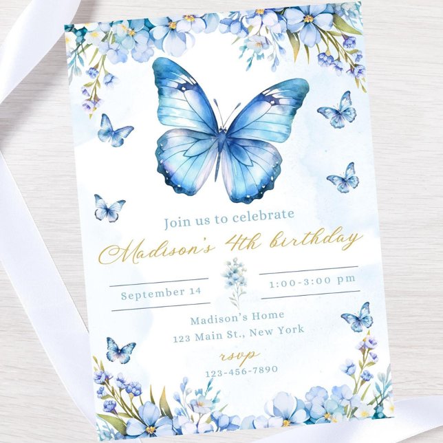 Invitación de cumpleaños editable de mariposa azul (Subido por el creador)