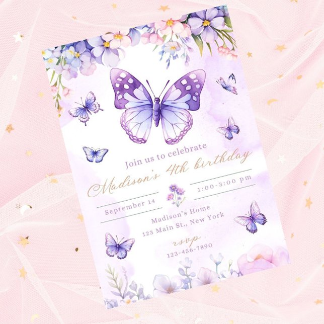 Invitación de cumpleaños editable de mariposa mora (Subido por el creador)