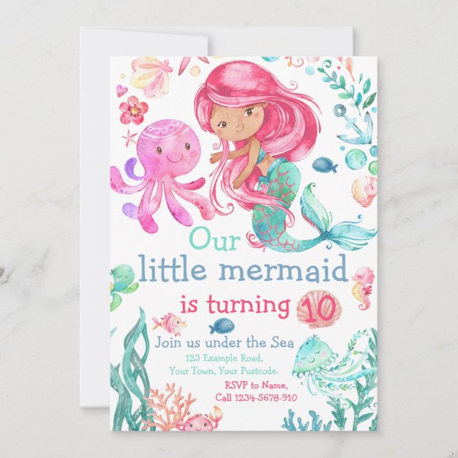 Invitación de cumpleaños editable de Mermaid, Invi (Anverso)