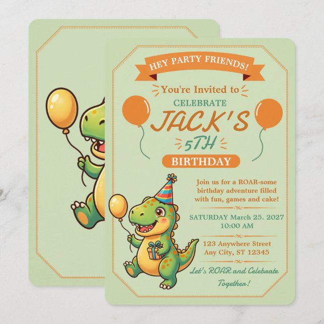 Invitación de cumpleaños editable de niño de dinos (Anverso / Reverso)