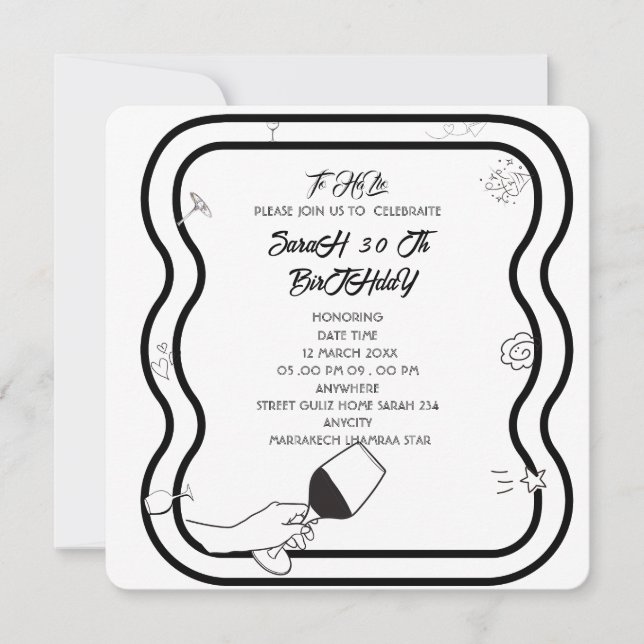Invitación de cumpleaños editable dibujada a mano (Anverso)