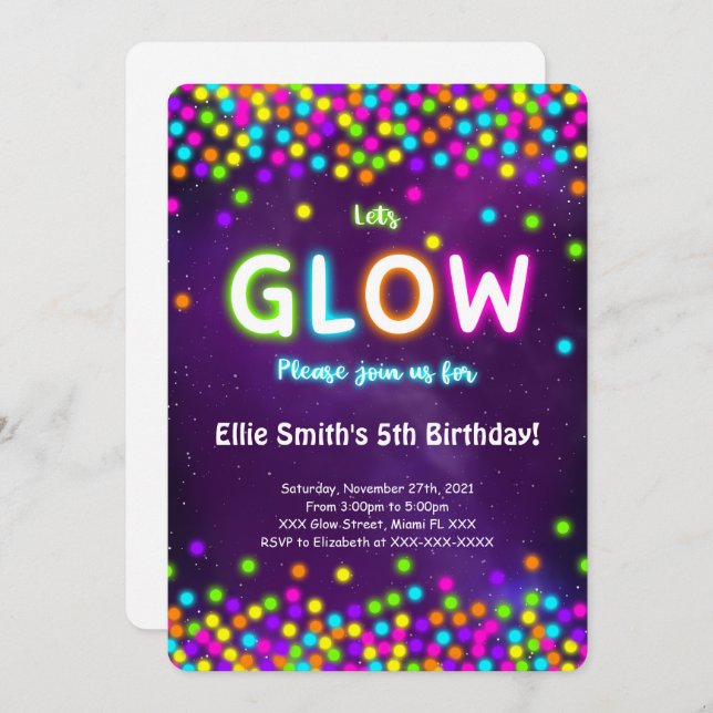 Invitación de cumpleaños editable Glow (Anverso / Reverso)