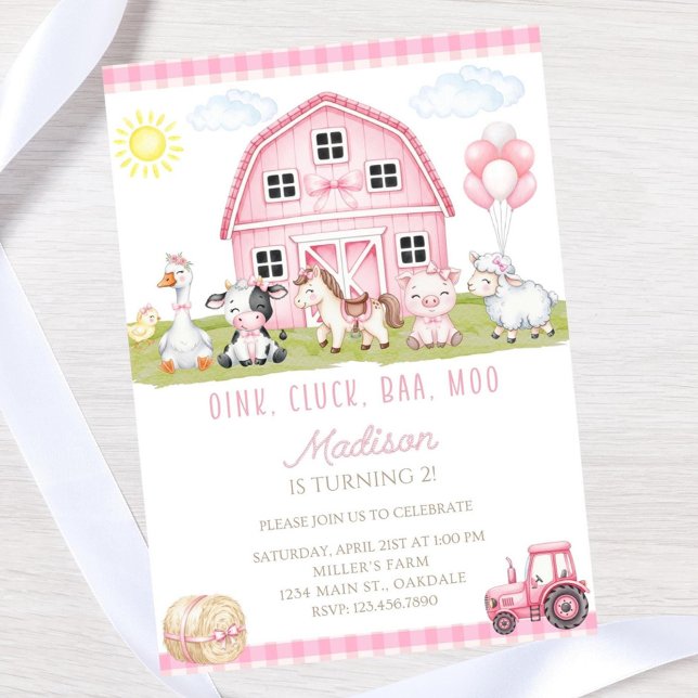 Invitación de cumpleaños editable Granja Rosa - de (Subido por el creador)