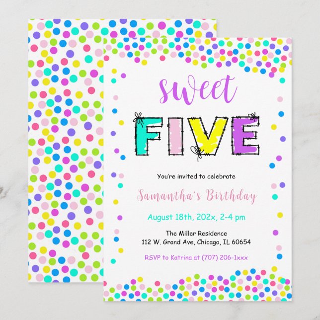 Invitación de cumpleaños editable niña edad 5 (Anverso / Reverso)