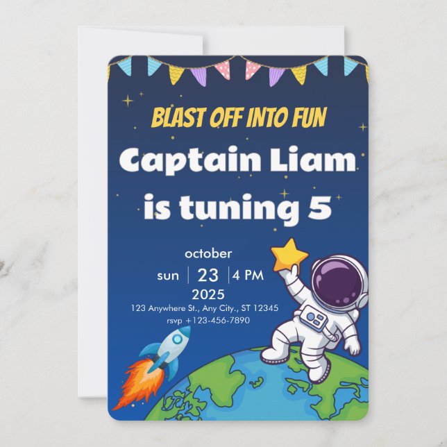 Invitación de cumpleaños editable para explorador  (Anverso)