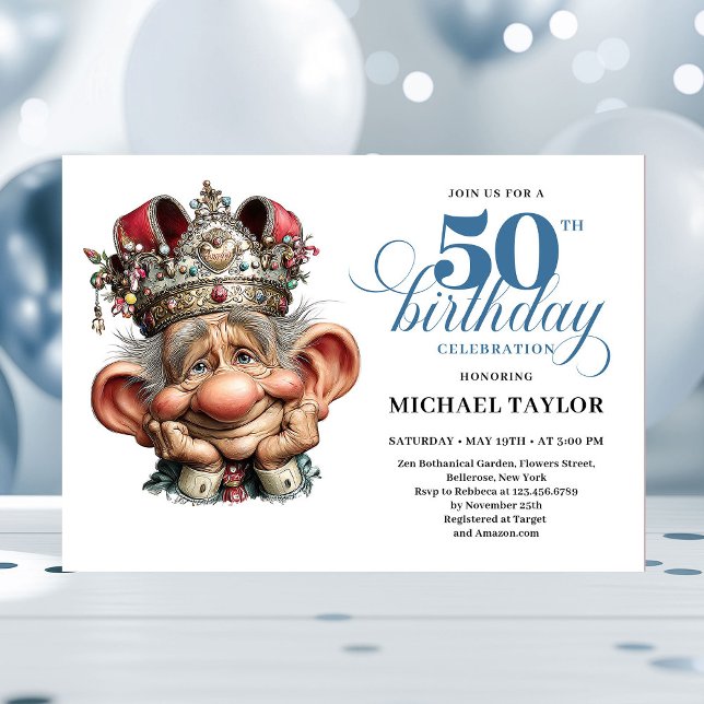 Invitación de cumpleaños editable para hombre geni (Cool Quirky Man 50 Birthday Editable Invite)