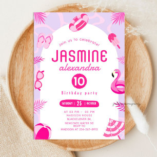 Invitación de cumpleaños editable Pink Pool Party