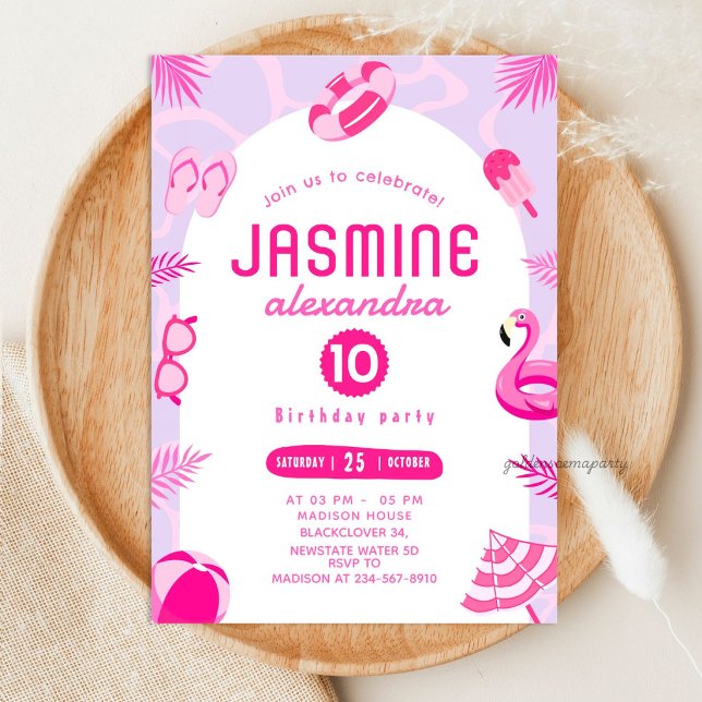 Invitación de cumpleaños editable Pink Pool Party (Pink Pool Party Editable Birthday Invitation)