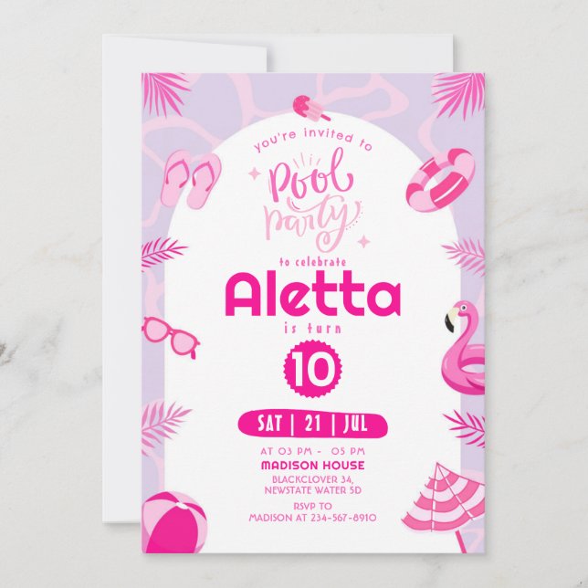 Invitación de cumpleaños editable rosada del Fiest (Anverso)