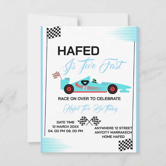 Invitación de cumpleaños editable TWO FAST, Invita (Anverso)